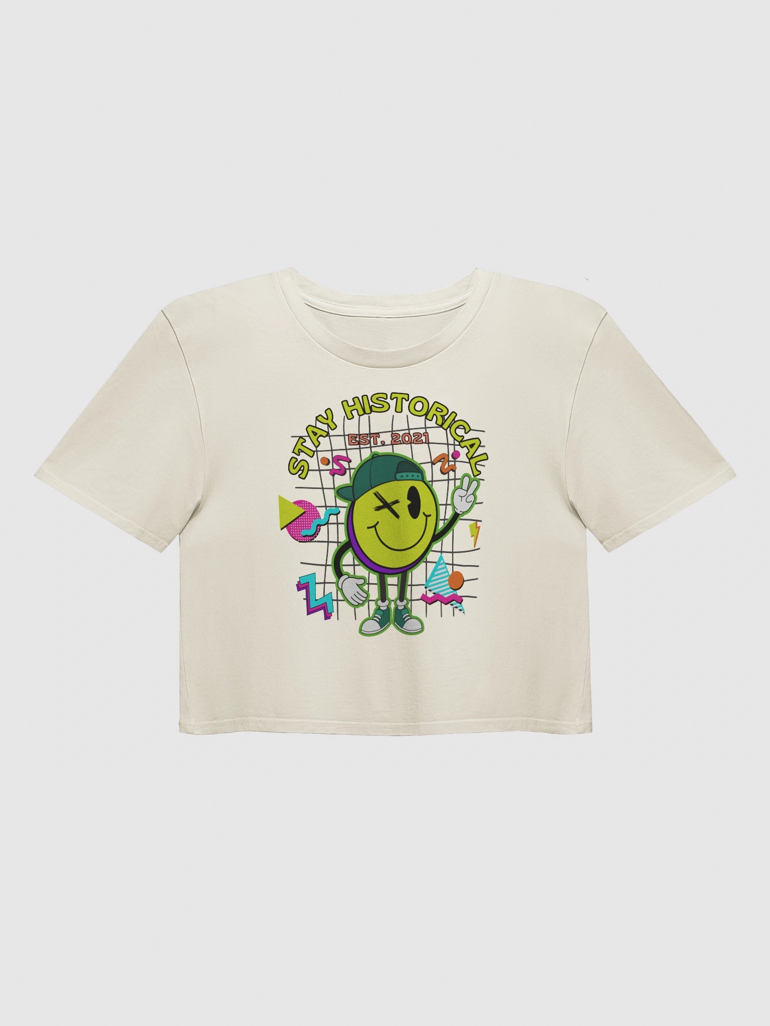 Stay Historical Smiley Crop Top – 90s Retro Soft Cotton Tee (Ecru) product image (1)
