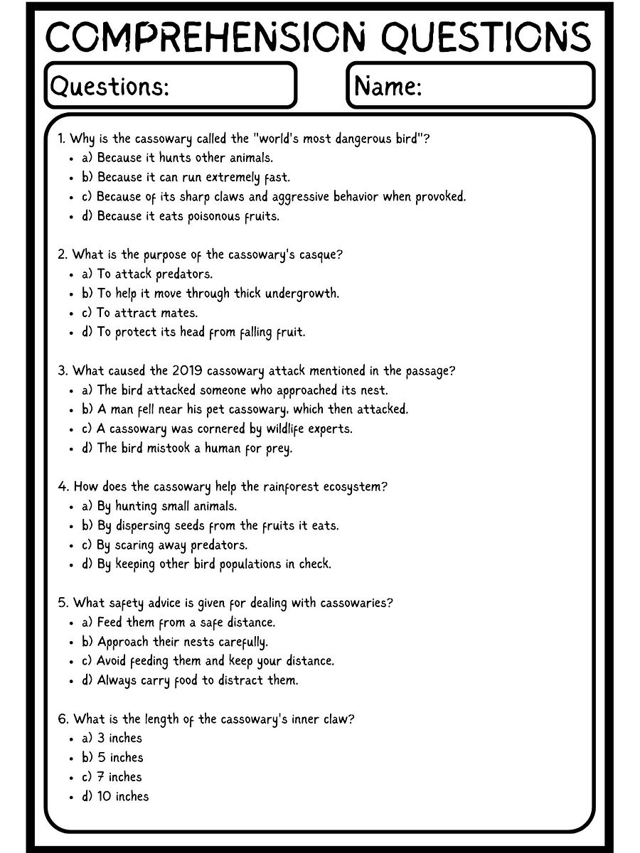 Cassowary Attack Reading Comprehension Passage PDF product image (3)
