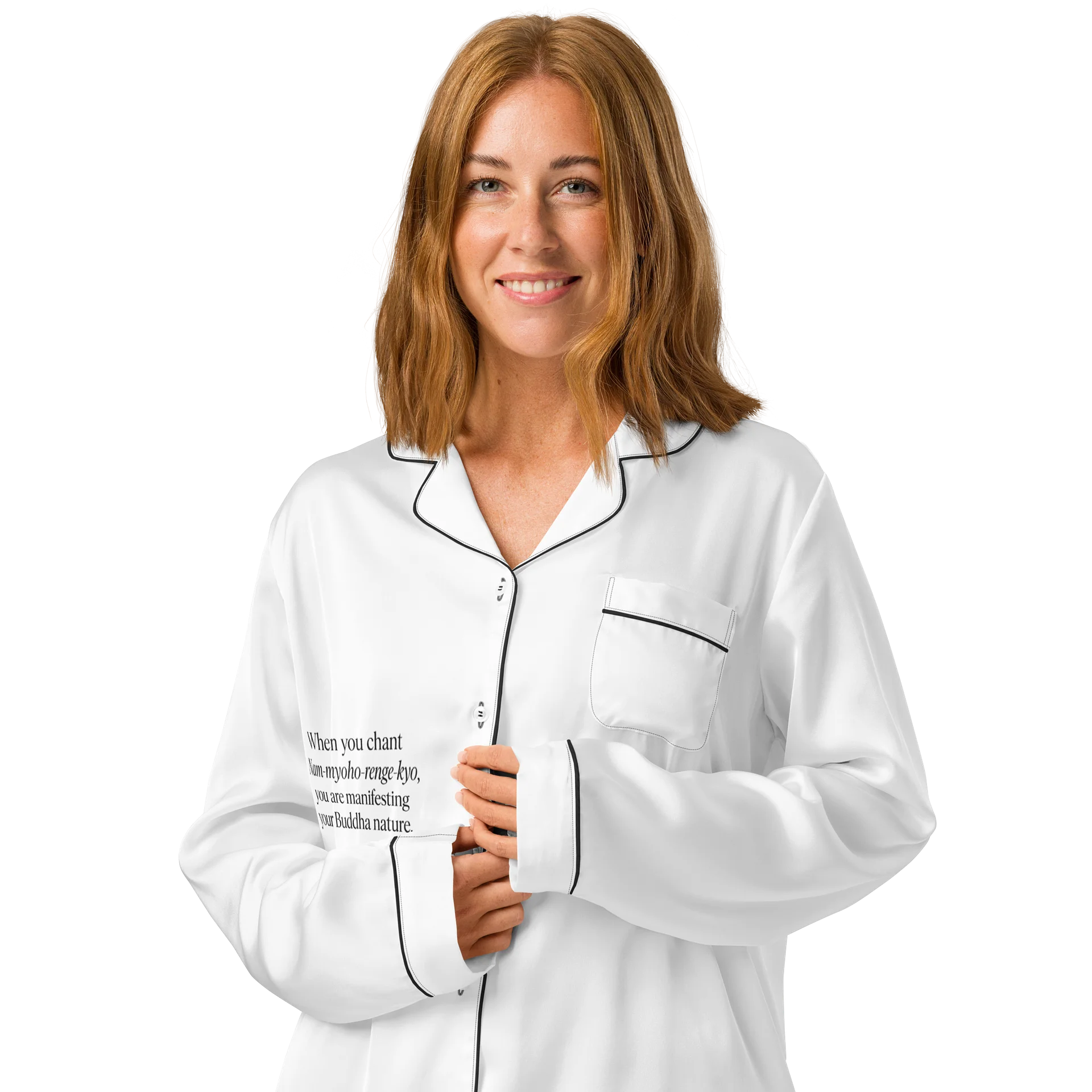 Silky Pajama Top with Nichiren Buddhism Quote – “When you chant Nam-myoho-renge-kyo…” product image (3)