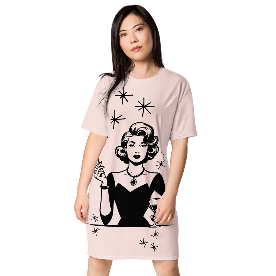 Retro Woman Drinking Wine T-Shirt Dress, Misty Rose product image (6)