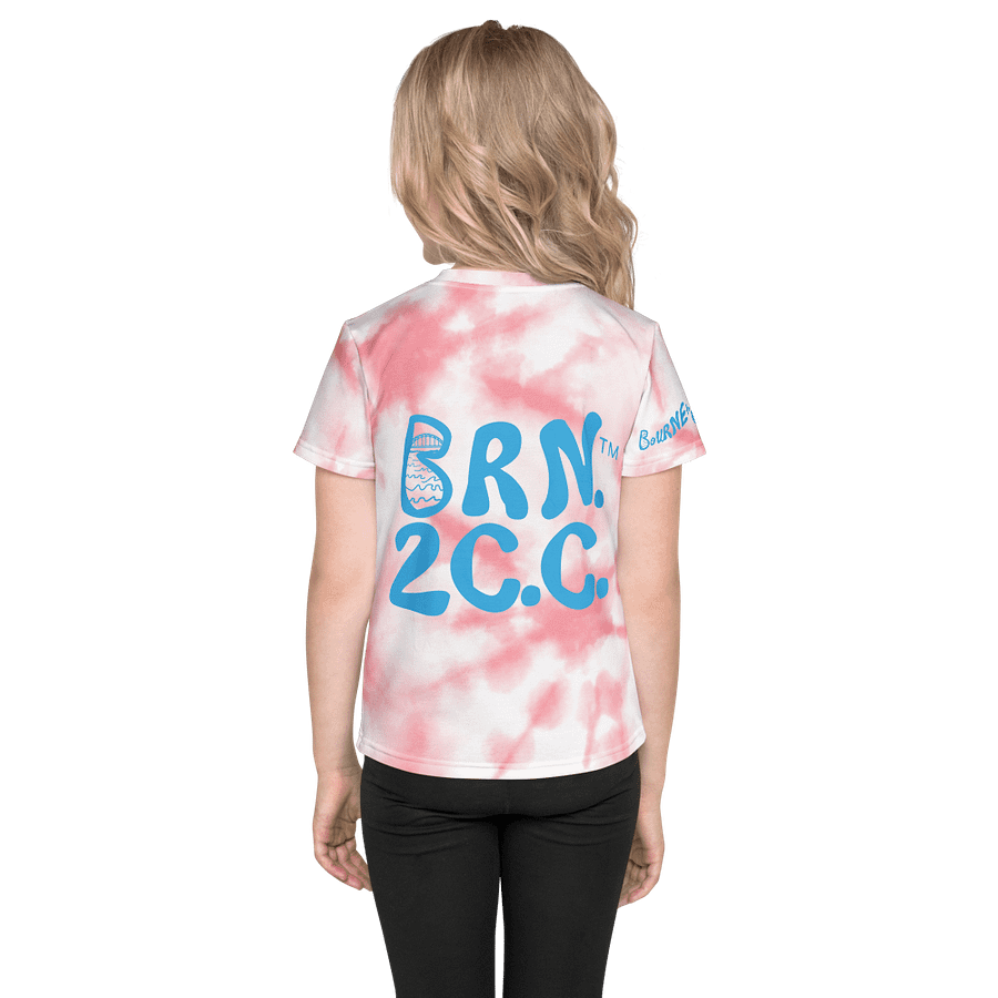 Girls' | Little Kids T-Shirt | BOURNE to Cape Cod™ | Front & Sleeve Logo | BRN.2C.C.™ Back Graphic | Vibrant Coastal Tee for Kids | Blue Logo on Pink Tie-Dye product image (2)
