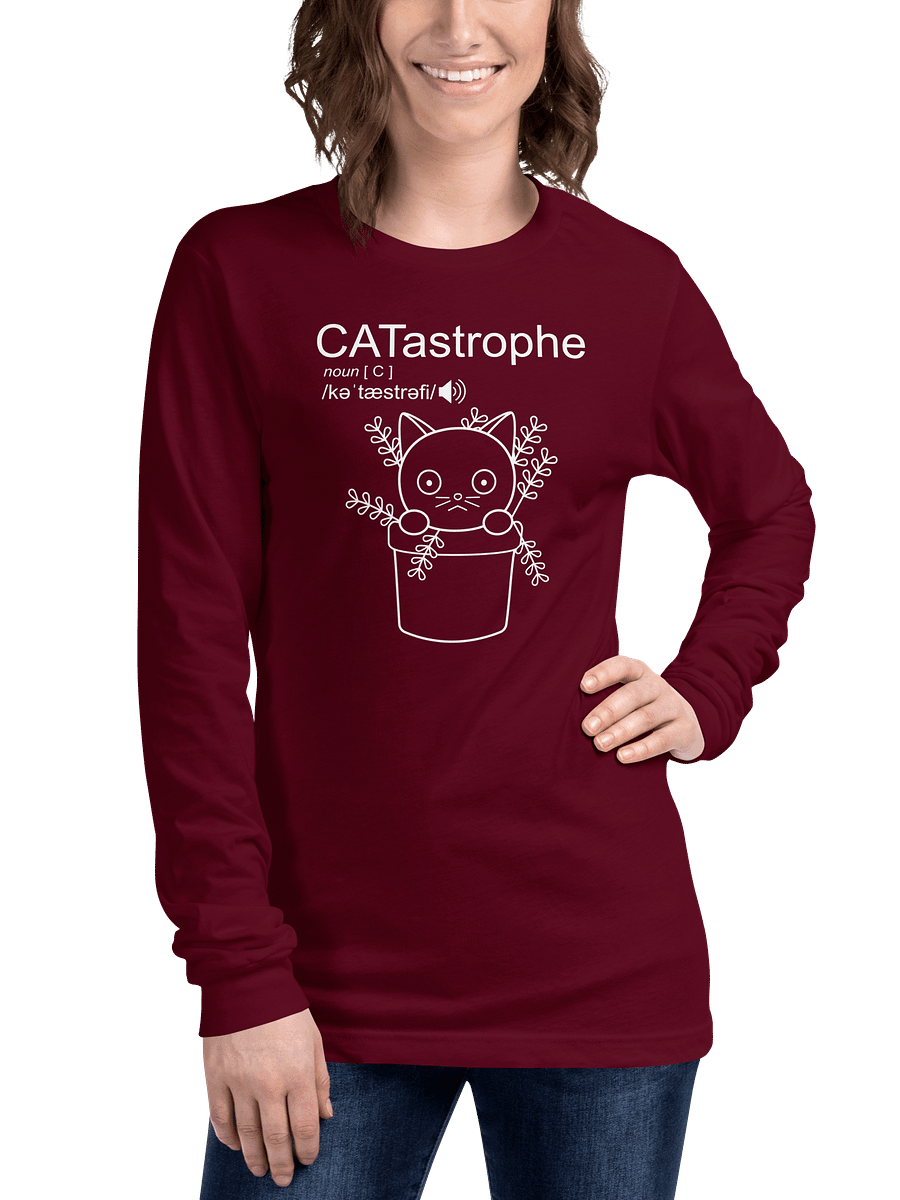 Catastrophe Unisex Long Sleeve Tee, Cat in Plant Pot, White Print product image (3)