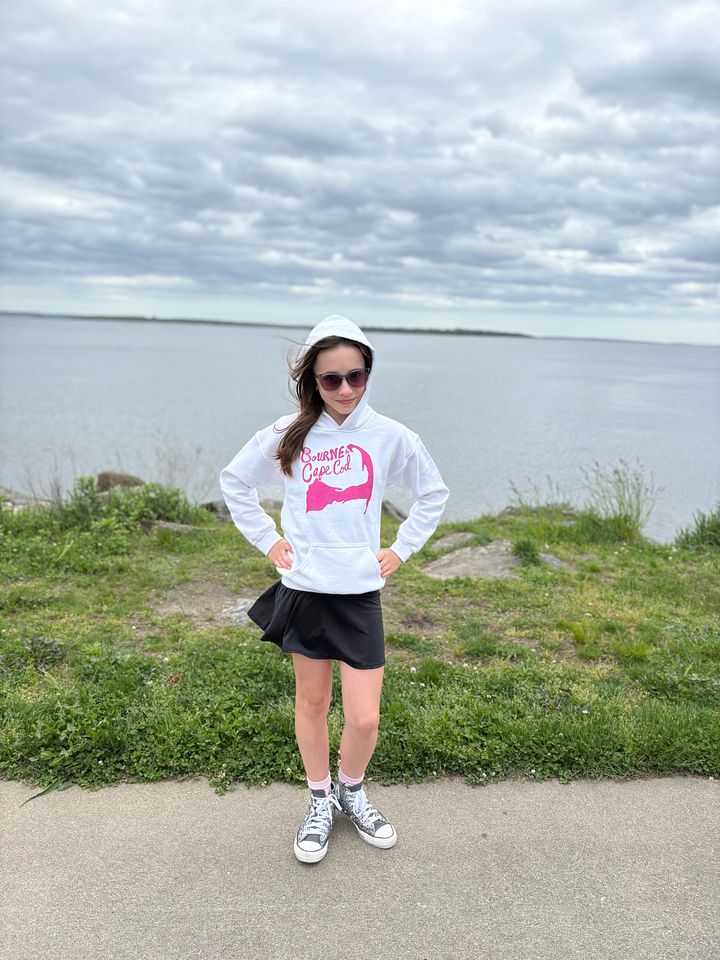 Girls' | BOURNE to Cape Cod™ | DTG Vintage Print | Youth Heavy Blend Hooded Sweatshirt | Rugged, Cozy, Adventure-Ready | Pink Logo product image (1)