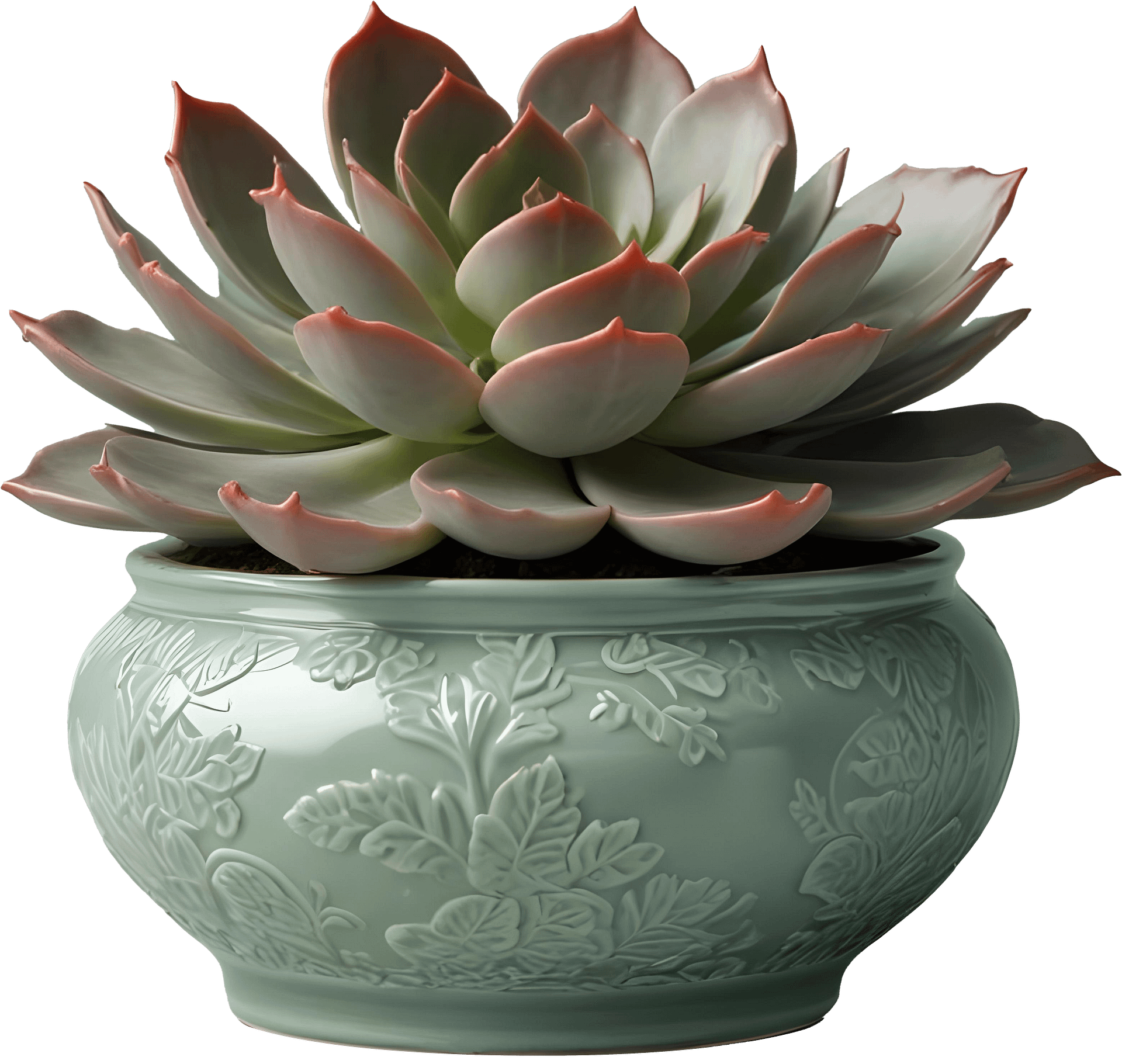 Mint Green Chinese Porcelain Pot with Floral Embossed Design PNG product image (1)