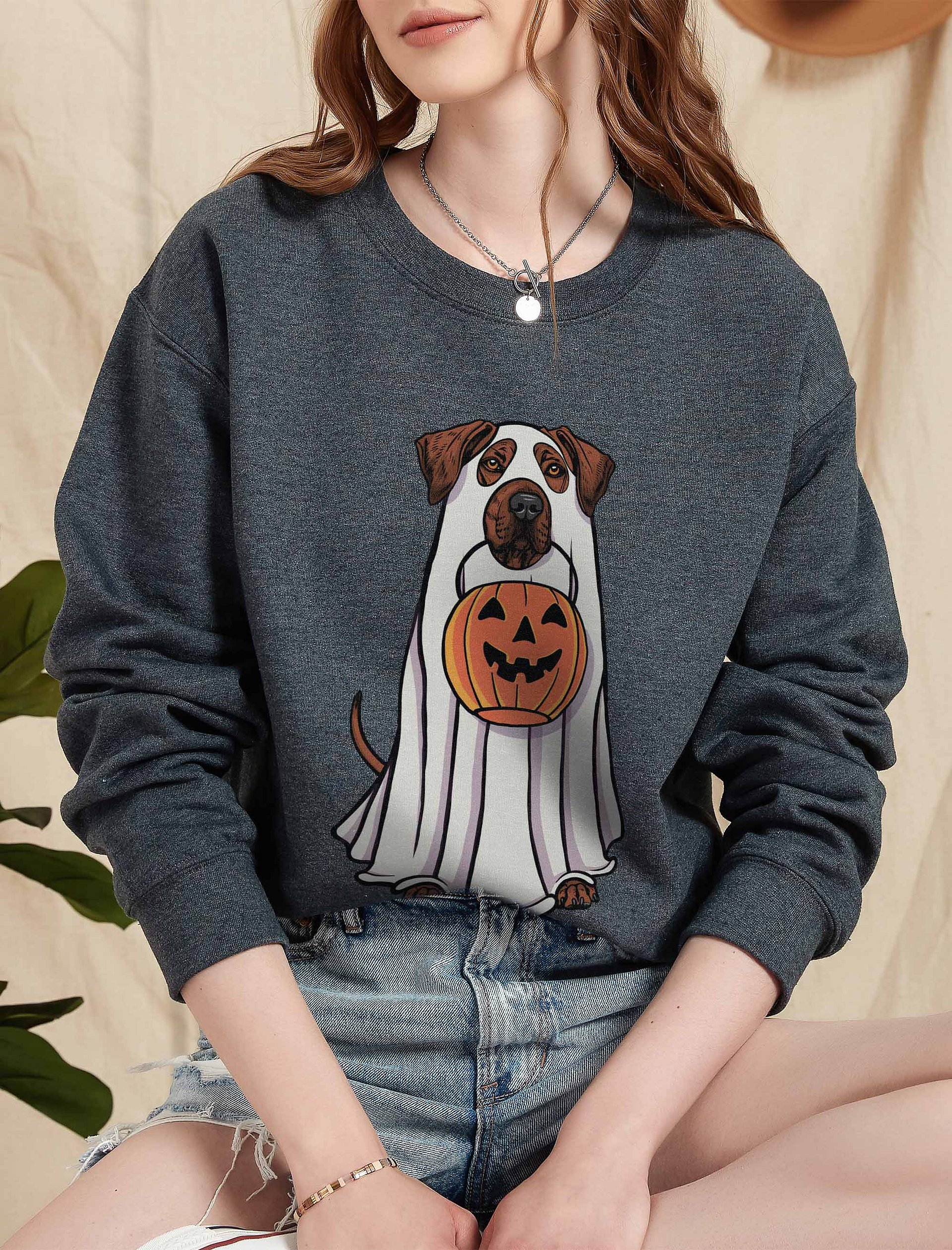 Funny Halloween Rhodesian Ridgeback Sweatshirt | Funny Dog Wearing a Ghost Costume and Holding a Pumpkin Basket product image (5)