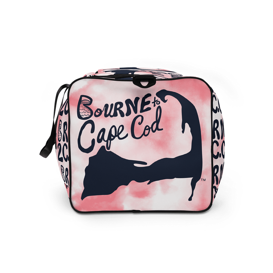 BOURNE to Cape Cod™ | Duffle Bag | BRN.2C.C.™ | Coastal Gym & Travel Gear | 22" All-Over Print Weekender | Navy Blue Logos on Pink Tie-Dye product image (9)