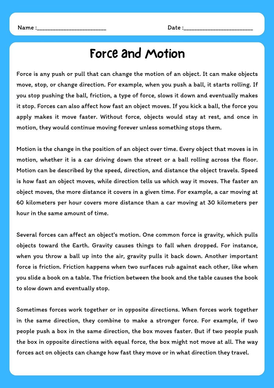 Force and Motion Reading Comprehension Passage with Questions product image (1)