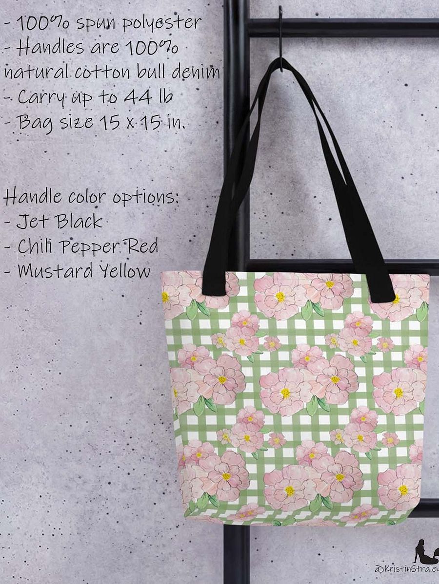 Gingham Blossoms - Med Pink Flowers on Green Gingham product image (3)