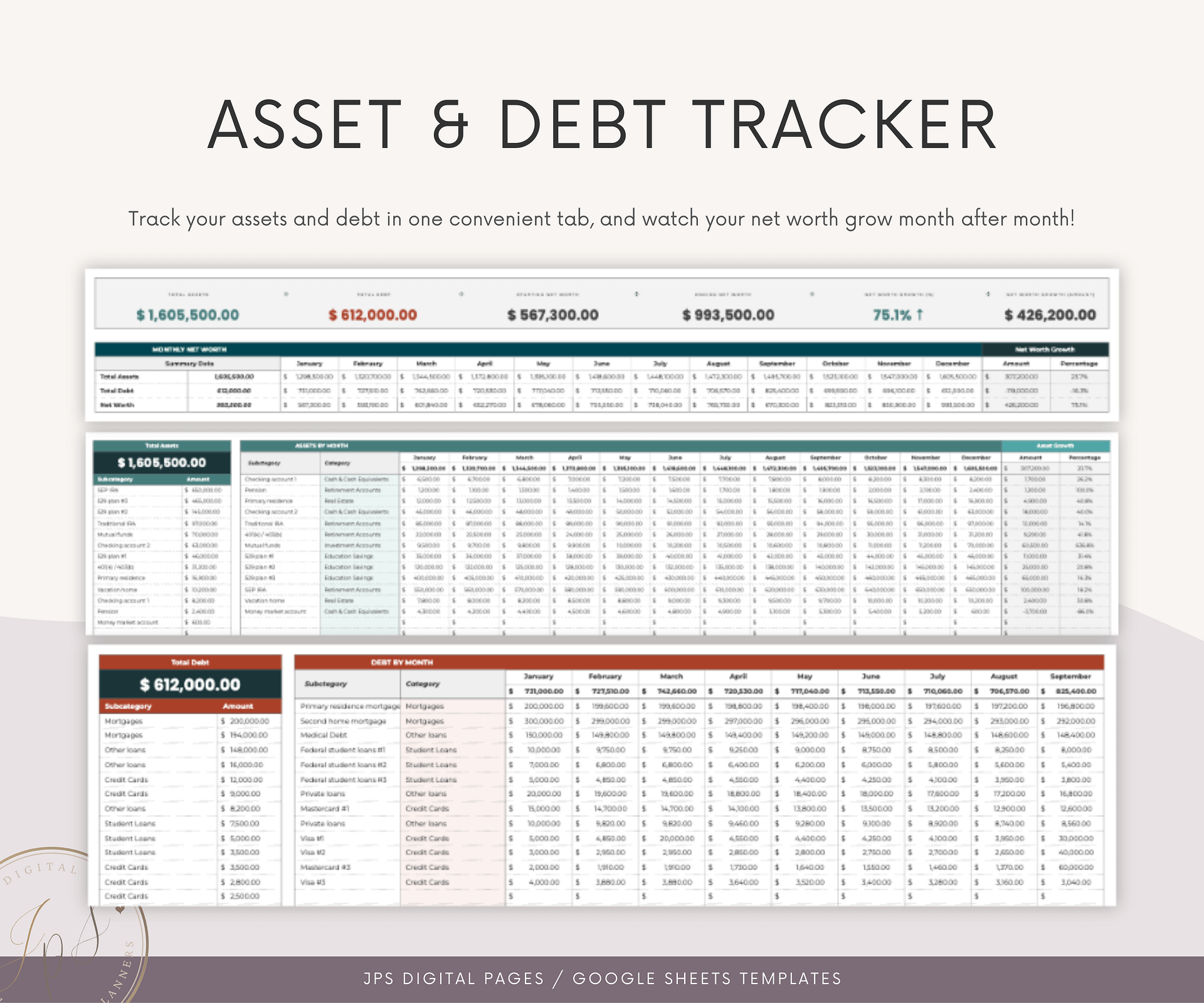 Net Worth Tracker Template, Multi-Year Dashboard Spreadsheet, Google Sheets Template, Net Worth Yearly Calculator, Investment Tracker product image (4)