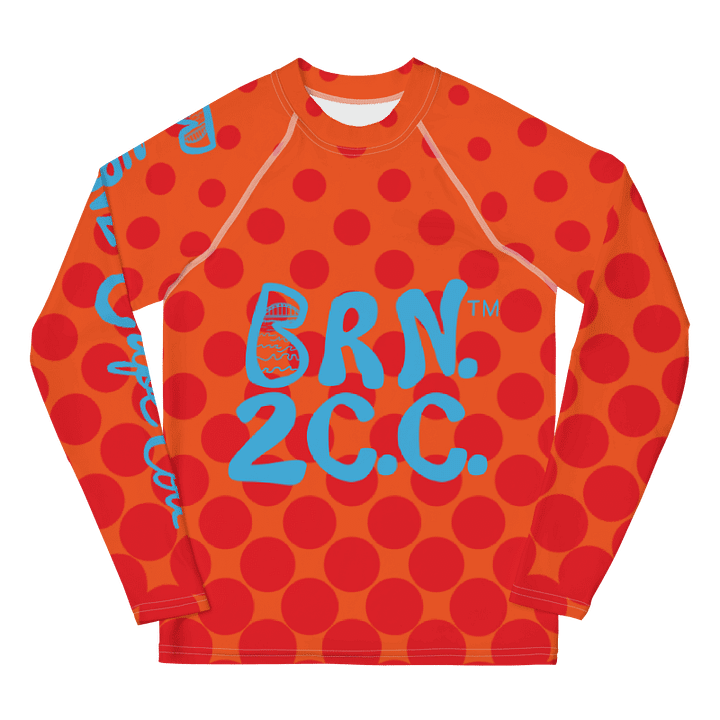 YOUTH | Rash Guard | BRN.2C.C.™ Front Graphic | BOURNE to Cape Cod™ Sleeve & Back Logo | Coastal Swim Shirt for Kids | UV Protection Activewear | Blue Logo on Orange Dots product image (1)