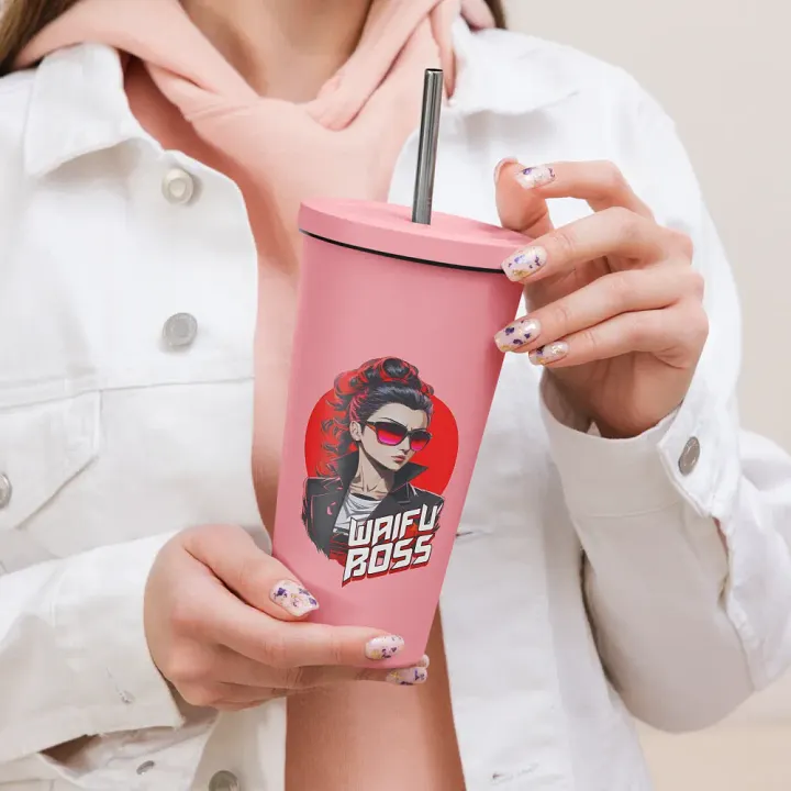 Waifu Boss 20 oz Tumbler Cup - Pink - Insulated Tumbler with a Straw v2 product image (2)