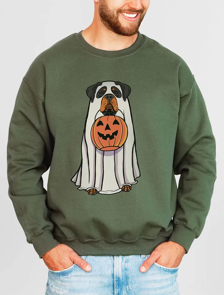 Funny Halloween Rottweiler Sweatshirt | Funny Rottie Wearing a Ghost Costume and Holding a Pumpkin Basket product image (11)
