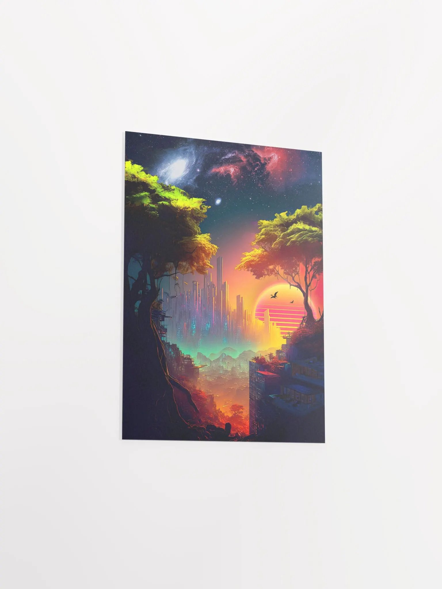 Synthwave cyberpunk city in a forest — surreal space collage art, futuristic sci-fi collage product image (8)