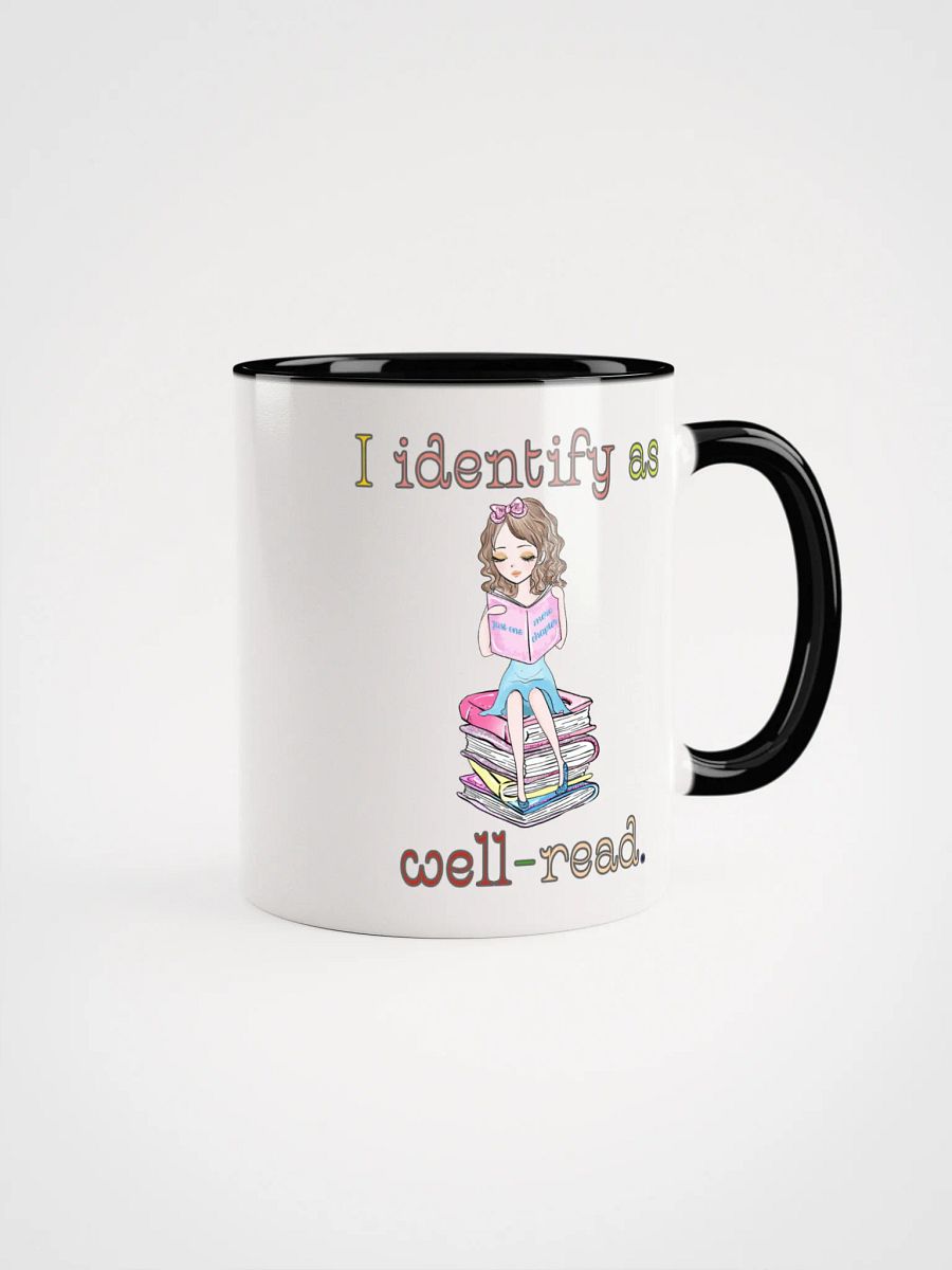 I Identify As Well-Read (Girl Sitting on a Stack of Books) Accent Mug product image (2)