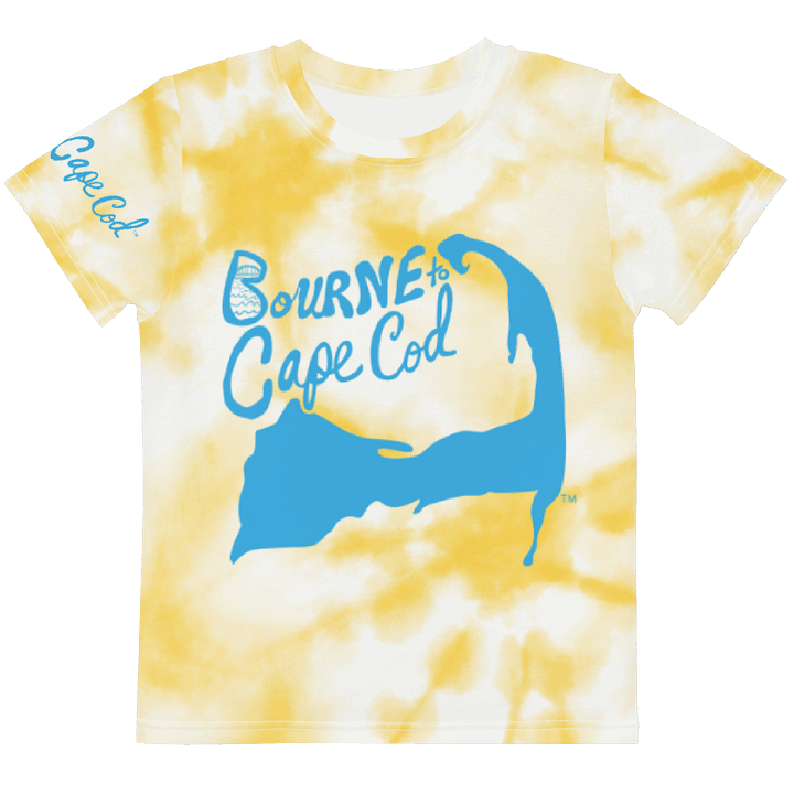Boys' | Kids T-Shirt | BOURNE to Cape Cod™ | Vibrant Coastal Tee for Kids | Blue Logo on Yellow Tie-Dye product image (1)