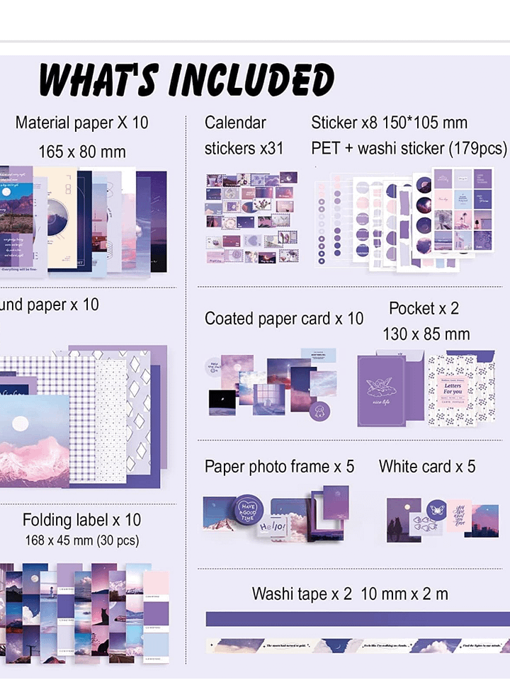 Scrapbook Kit, 346 Pcs, A6 Grid Notebook, Washi Stickers, Envelopes, Scrapbook Papers, Background Papers, Photo Frames, Calendar Stickers, Stickers (Moon Light, 10 Cm) product image (2)