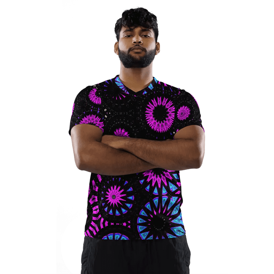 Abstract Circular Shapes in Turquoise, Black and Pink Unisex V Neck Sports Jersey product image (7)