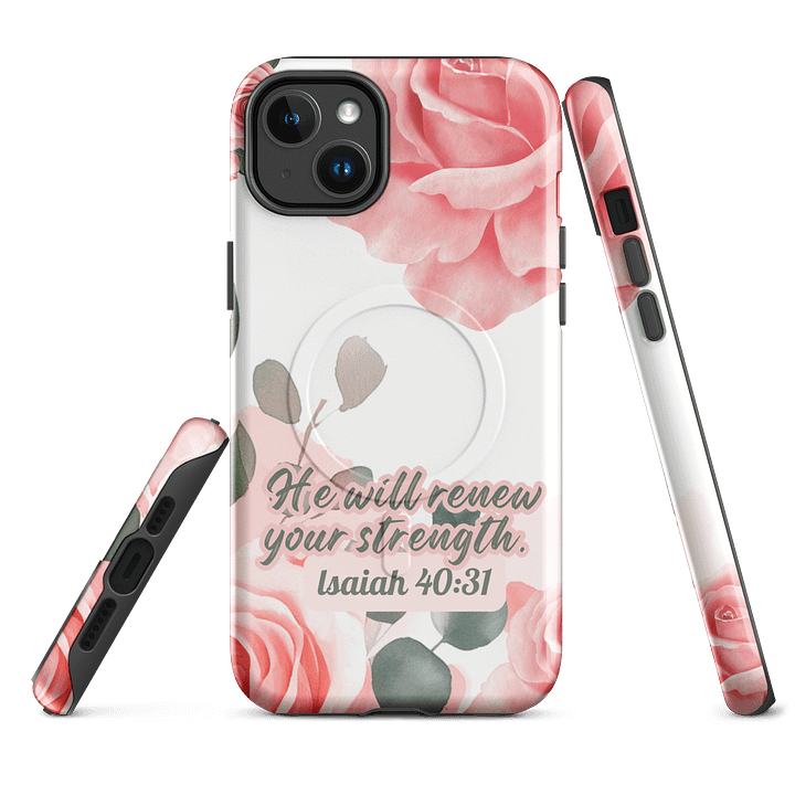 He will renew your Strength Isaiah 40:3, Inspirational Gift, Tough iPhone Magnetic Case Scripture, Sunflower Bible Verse, MagSafe® iPhone® Tough Case, iPhone 14, iPhone 15, iPhone 16, Pro, Pro Max, Pl product image (1)