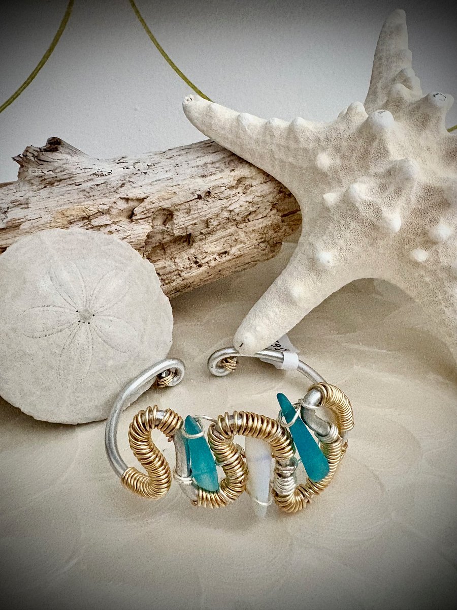 MFD-00229 | Ocean Embrace | Adjustable Sea Glass & Wire-Wrapped Cuff Bracelet | Handmade Coastal Jewelry by Monique Faella Designs™ product image (5)