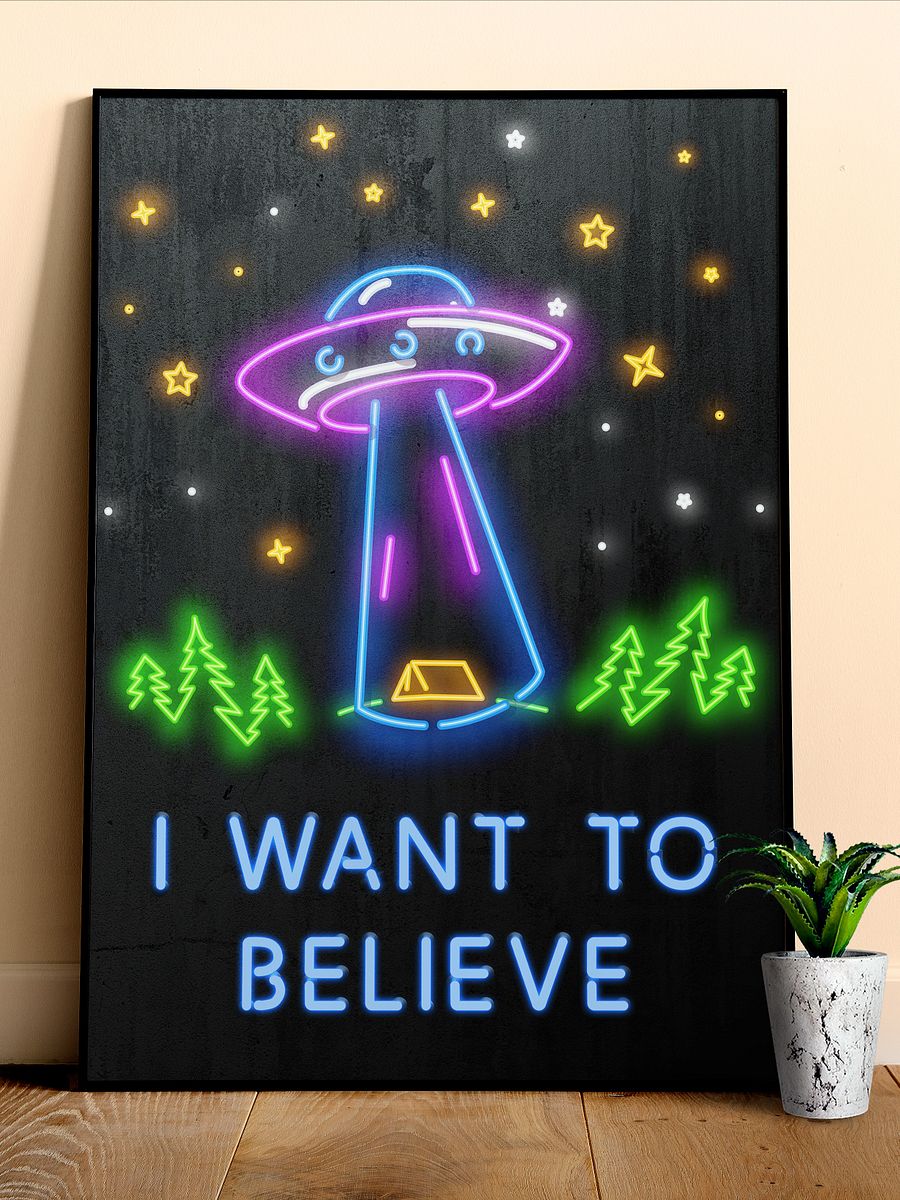 I want to believe / X-Files poster. Neon version — sci-fi poster, movie poster, space art print product image (1)