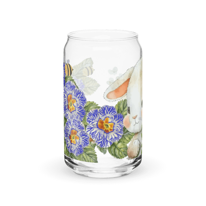 Garden Whispers: Bunny and the Primula Zebra Blues | 16oz Glass Can | Nature-Inspired Drinkware product image (1)