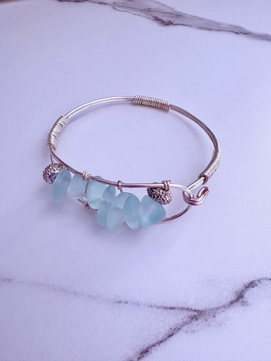 Seafoam Pebble Tide Bracelet | Wire-Wrapped Sea Glass | Handmade 7" Coastal Charm by Monique Faella Designs™ | MFD-00201 product image (3)