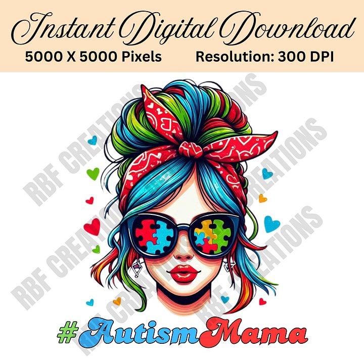 Autism Mama PNG Sublimation, #AutismMama Digital Download, Autism Awareness Clipart, Rainbow Bandana Messy Bun Design product image (1)
