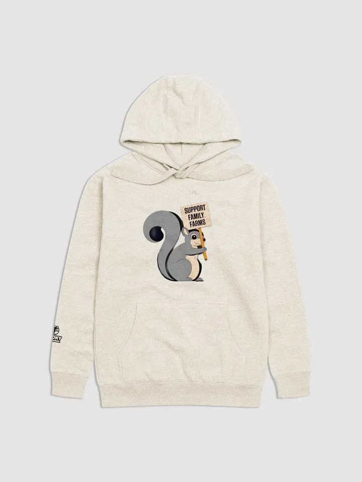 Super Soft Hoodie: Support Family Farms, sign and squirrel, logo on back product image (1)