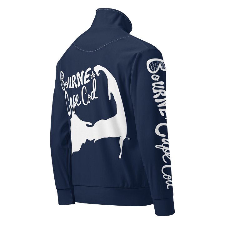 All-Over Print Recycled Track Jacket | Coastal Chill Meets Street Thrill | BOURNE to Cape Cod™ + BRN.2C.C.™ | White Logos on Navy Blue product image (2)