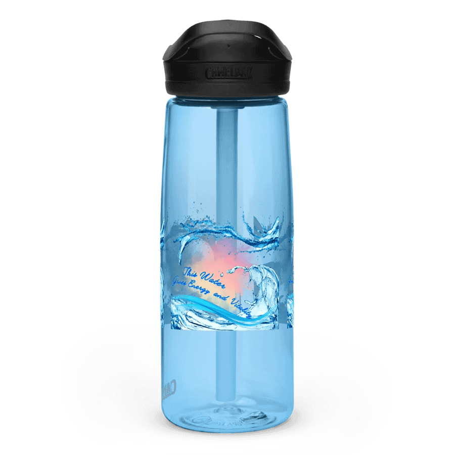 Camelback water bottle with beautiful swirly blue water drops  featuring ' This water gives energy and vitality