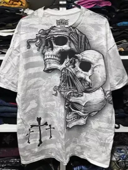 Rare MMA ELITE White Skulls Cross Short Sleeve Y2K T-shirt NWT product image (1)