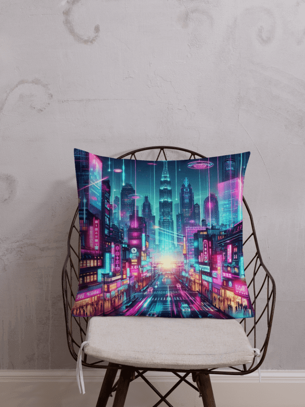 Neon Nights Futuristic City Premium Pillow | AI Design hongkong city product image (1)