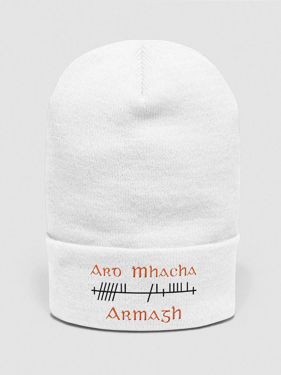 Armagh/Ard Mhacha Orthodox Style Ogham, white with Tangerine and Black, embroidered cuffed Beanie product image (1)