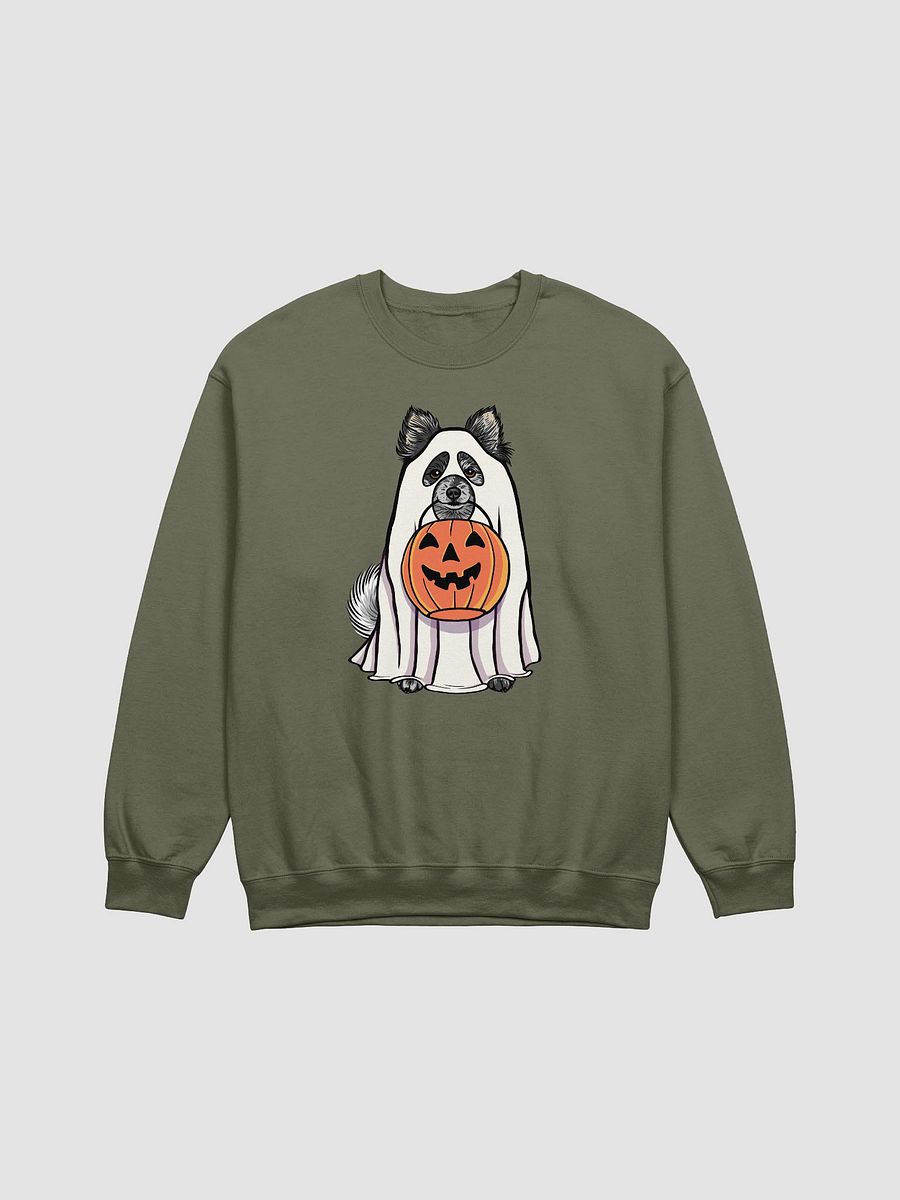 Funny Halloween Pomeranian(Blue Merle) Sweatshirt | Funny Pomeranian Wearing a Ghost Costume and Holding a Pumpkin Basket product image (13)