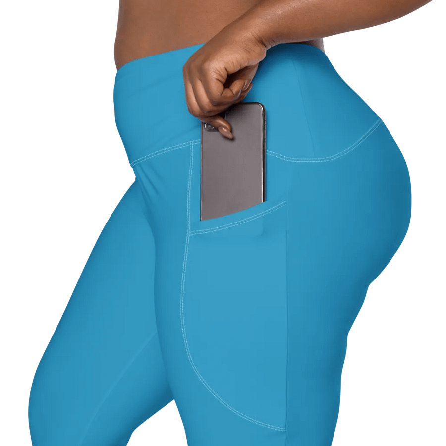 Plain Medium Blue Light Summer Women's High Waisted Premium Crossover Leggings with Pockets by Treasure Pie product image (9)