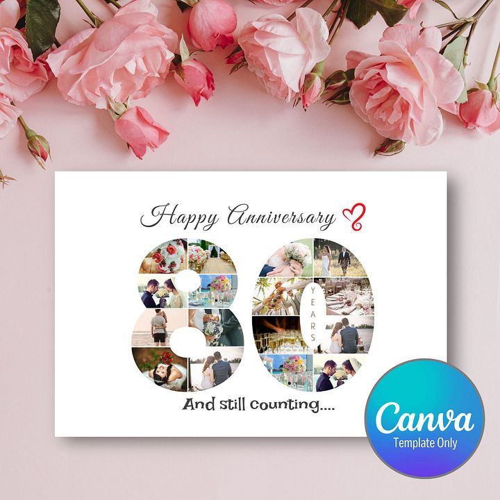 80 Year Anniversary Photo Card Editable Canva Template product image (1)