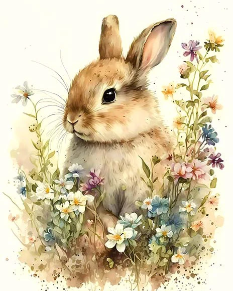 Spring Meadow Bunny Poster: Whimsical Rabbit & Wildflower Watercolor Art Matte Poster product image (1)