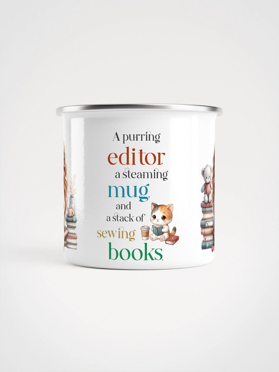 “A Purring Editor” Enamel Mug – Cute Cat, Coffee & Sewing Book Quote Gift product image (2)