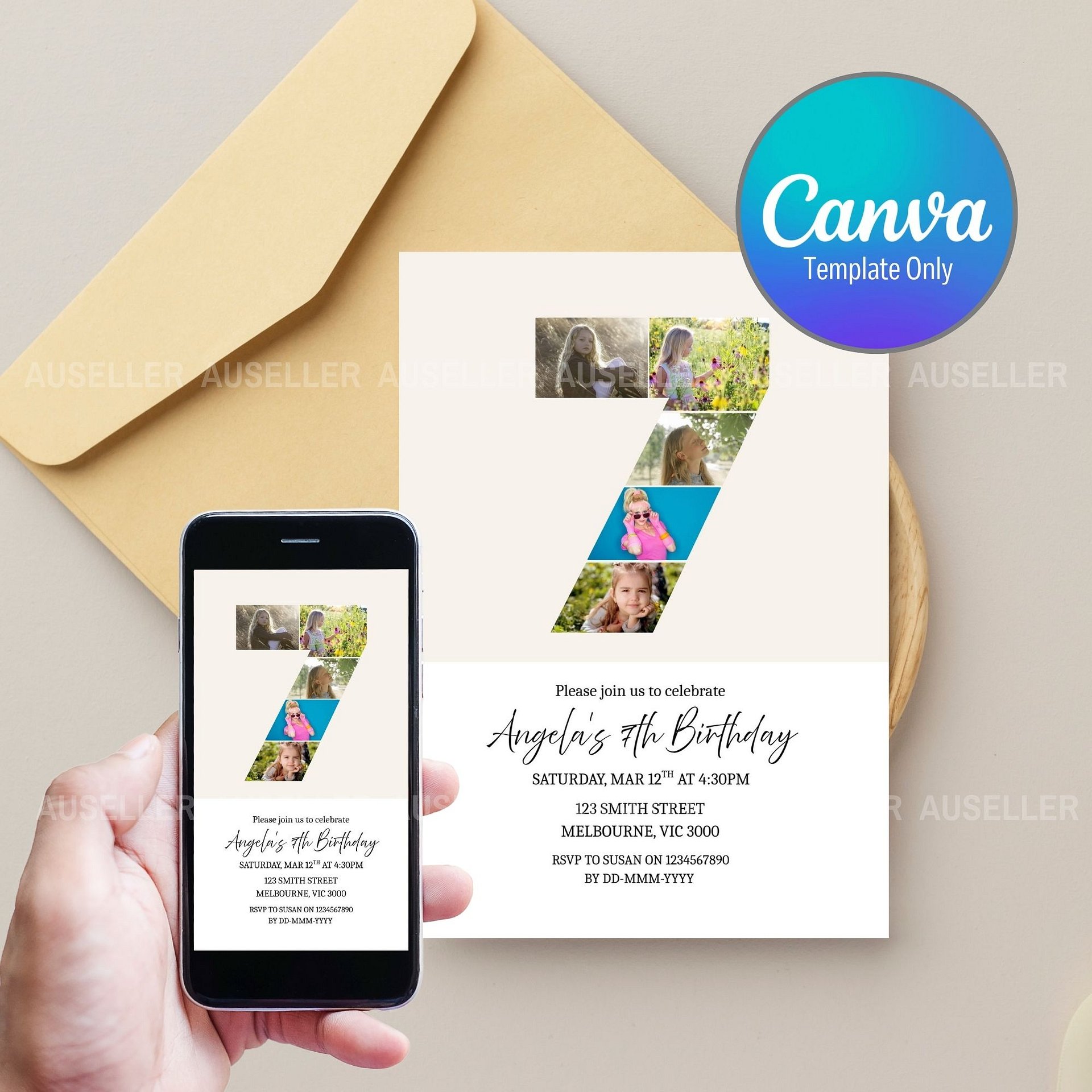 7th Birthday Photo Collage Editable Invitation Template product image (1)
