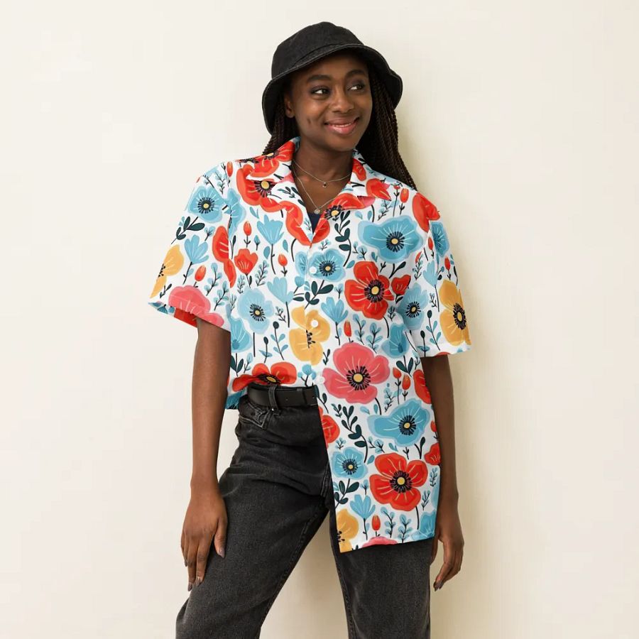Retro Poppies Blue Red Hawaiian Shirt product image (6)