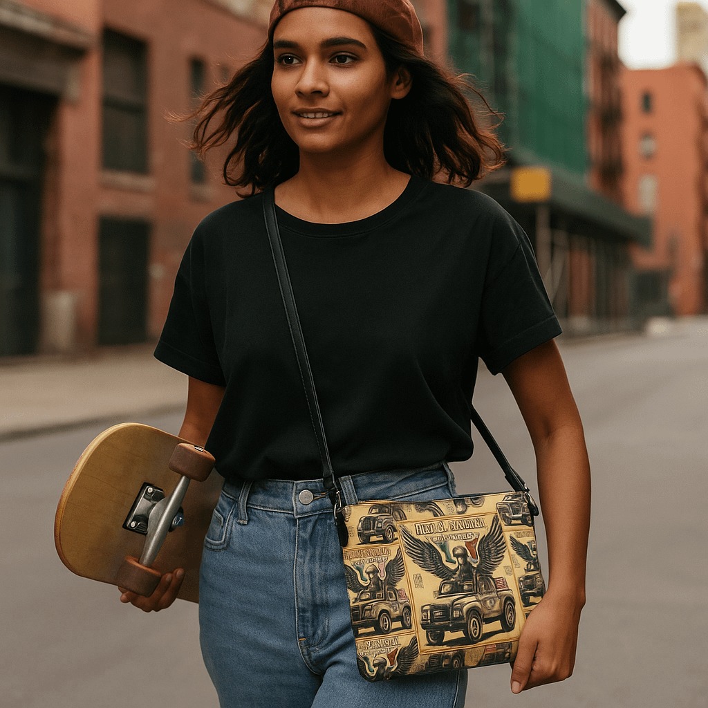 Mel’s Angels Vintage Crossbody Bag – All-Over Print Faux Leather Purse with Strap product image (1)