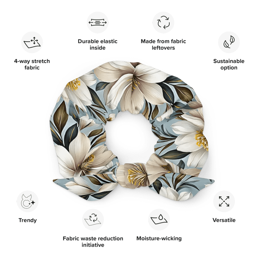 Hair Scrunchie - White and Beige Flowers on a Light Blue Background product image (12)