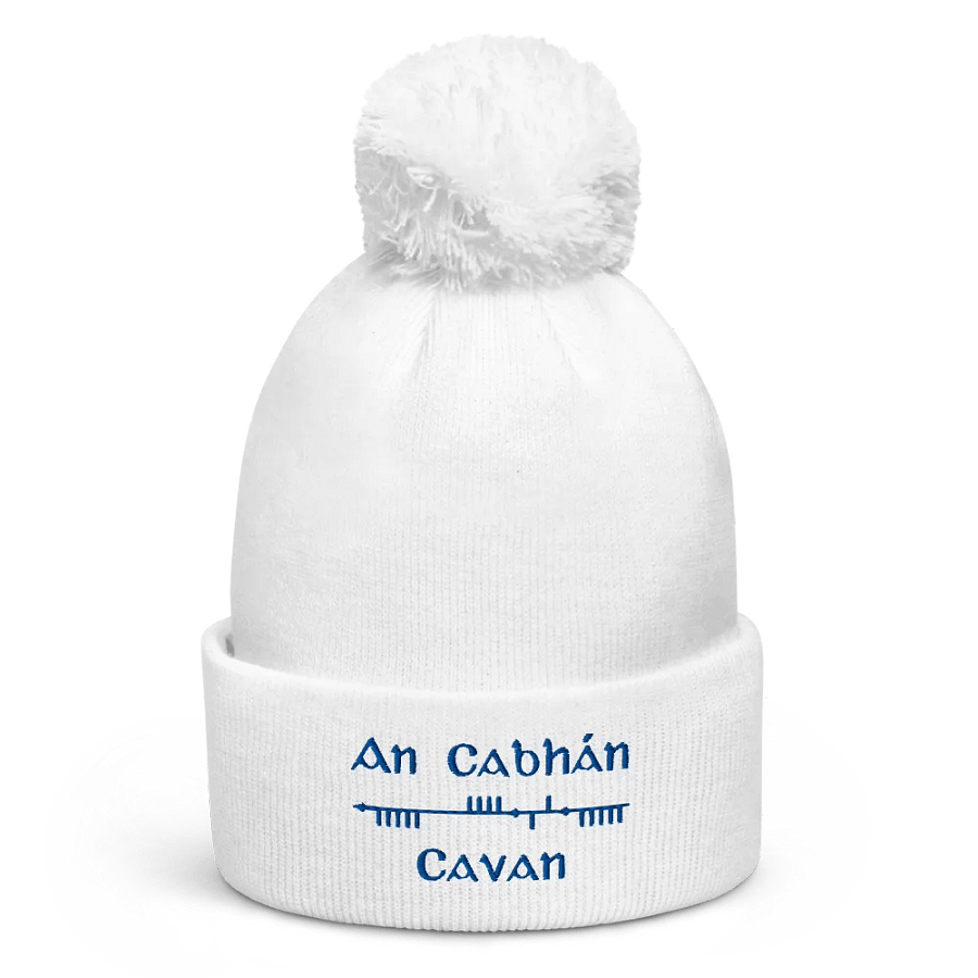 Cavan/An Cabhán Scholastic Style Ogham, white with blue, embroidered Pom-Pom Beanie product image (1)