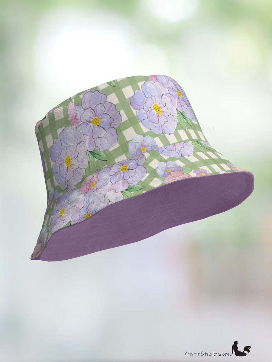 Reversible Bucket Hat Lavender Flowers on Gingham and Solid Plum product image (9)