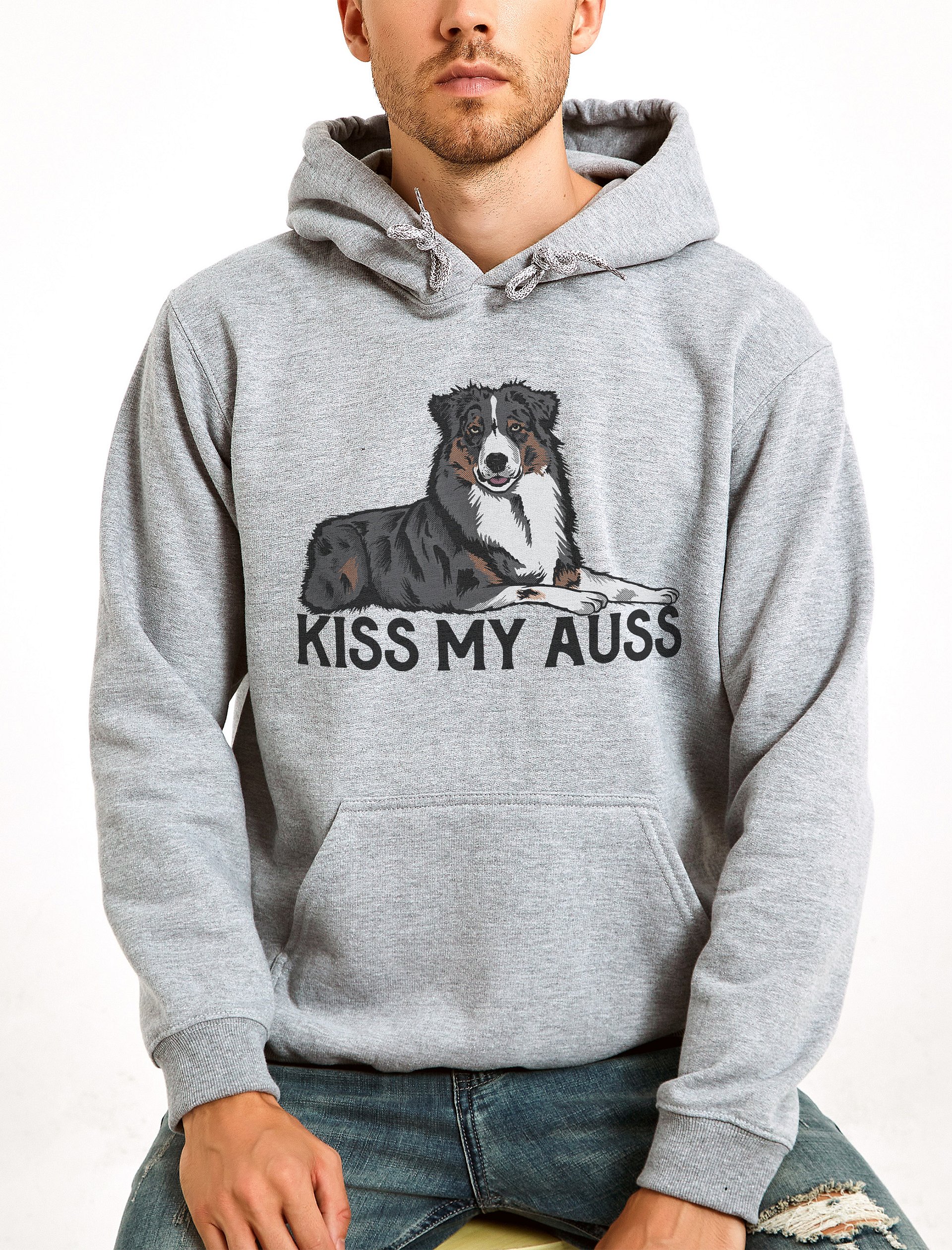Kiss My Auss Hoodie | Hooded Sweatshirt for Australian Shepherd (Tricolor) Dog Owners product image (20)