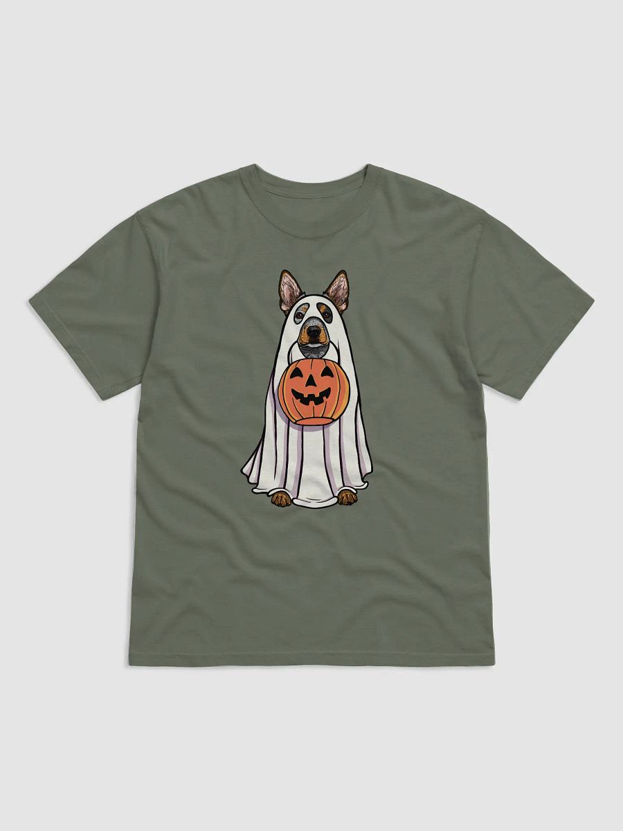 Funny Halloween Australian Cattle Dog(3) T-Shirt | Funny Blue Heeler Wearing a Ghost Costume and Holding a Pumpkin Basket product image (12)