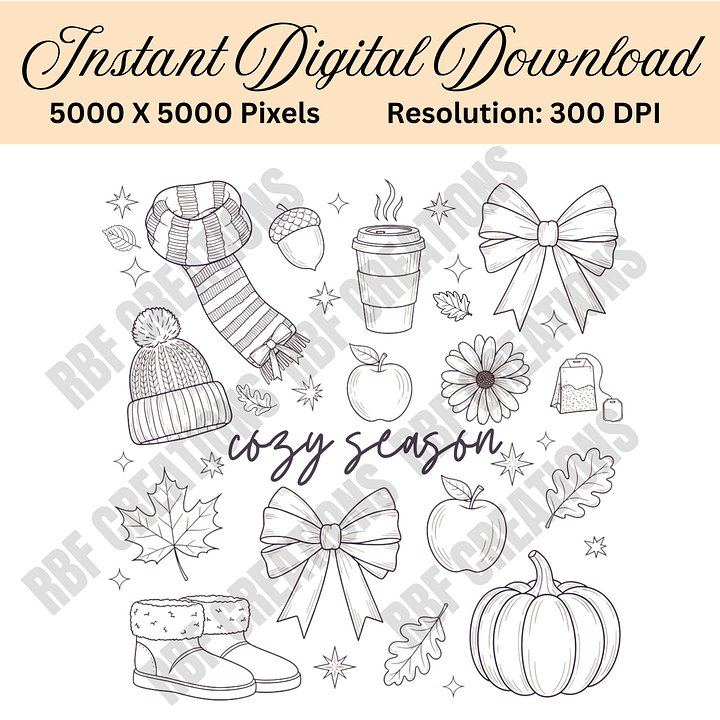 Cozy Season PNG | Fall Sublimation Clipart | Autumn Line Art Illustrations | Hygge Digital Download | 300 DPI Fall PNG product image (1)