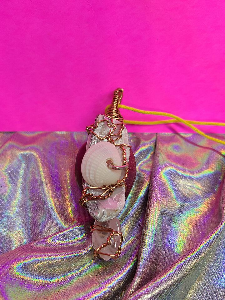 Wire Wrapped Agate, Rose Quartz and Shells Pendant product image (1)