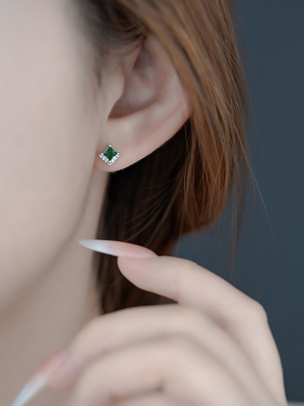 Green Princess-Cut Stud Earrings | 18K Gold Plated product image (8)