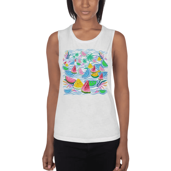 Ladies flowy muscle tank with fun tropical watermelon design for holiday vibe in summery colors product image (1)